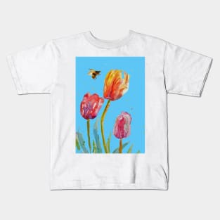 Tulip Flower Watercolor Painting and Bee on Blue Kids T-Shirt